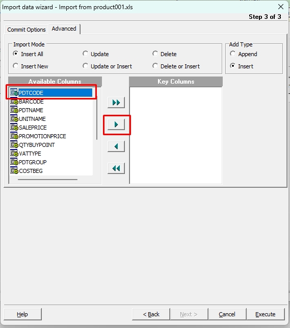 ย้าย pdtcode ไปอยู่ที่ key column